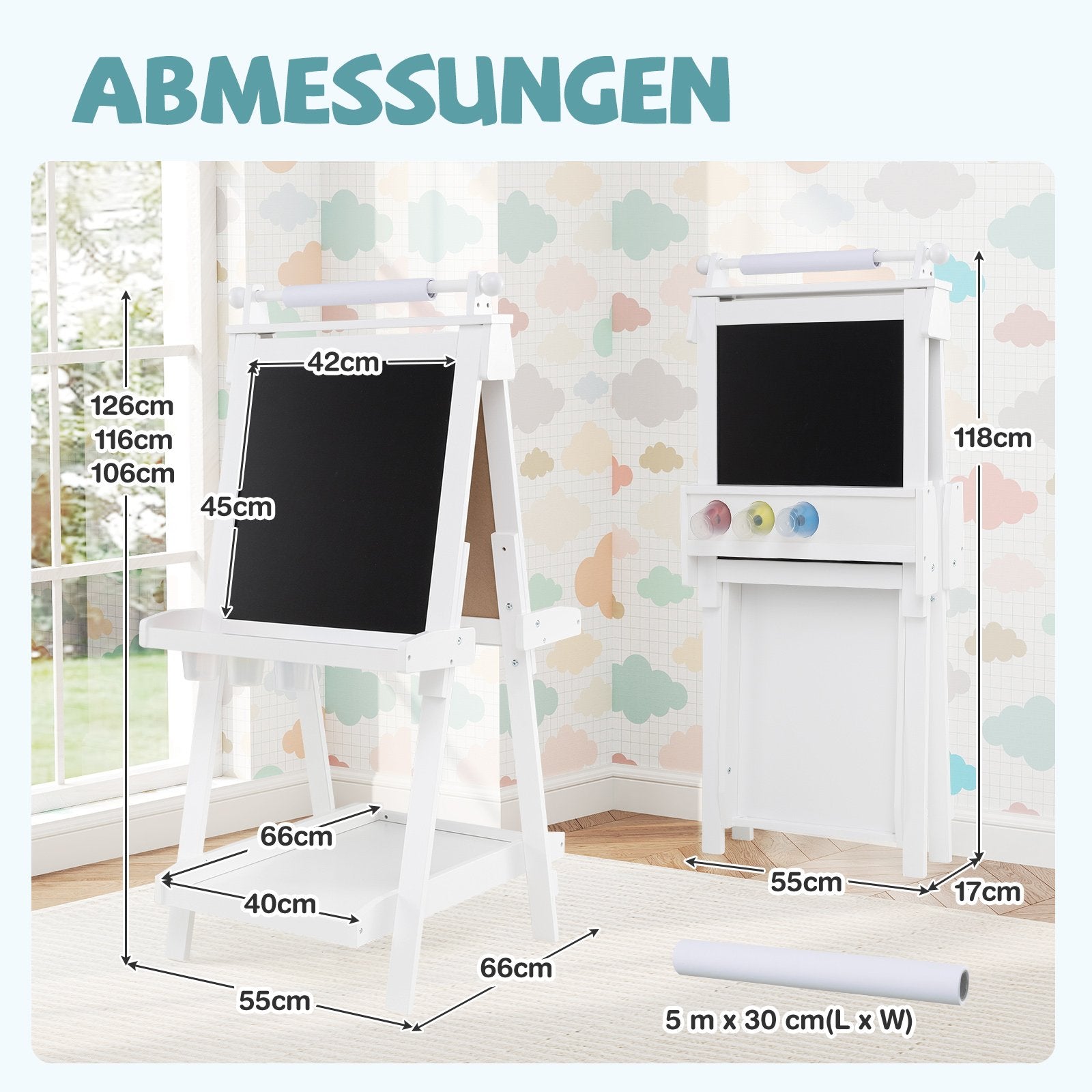 Barn – H höjdjusterbar tavla med whiteboard och magnetisk Fällbar staffli – Vit