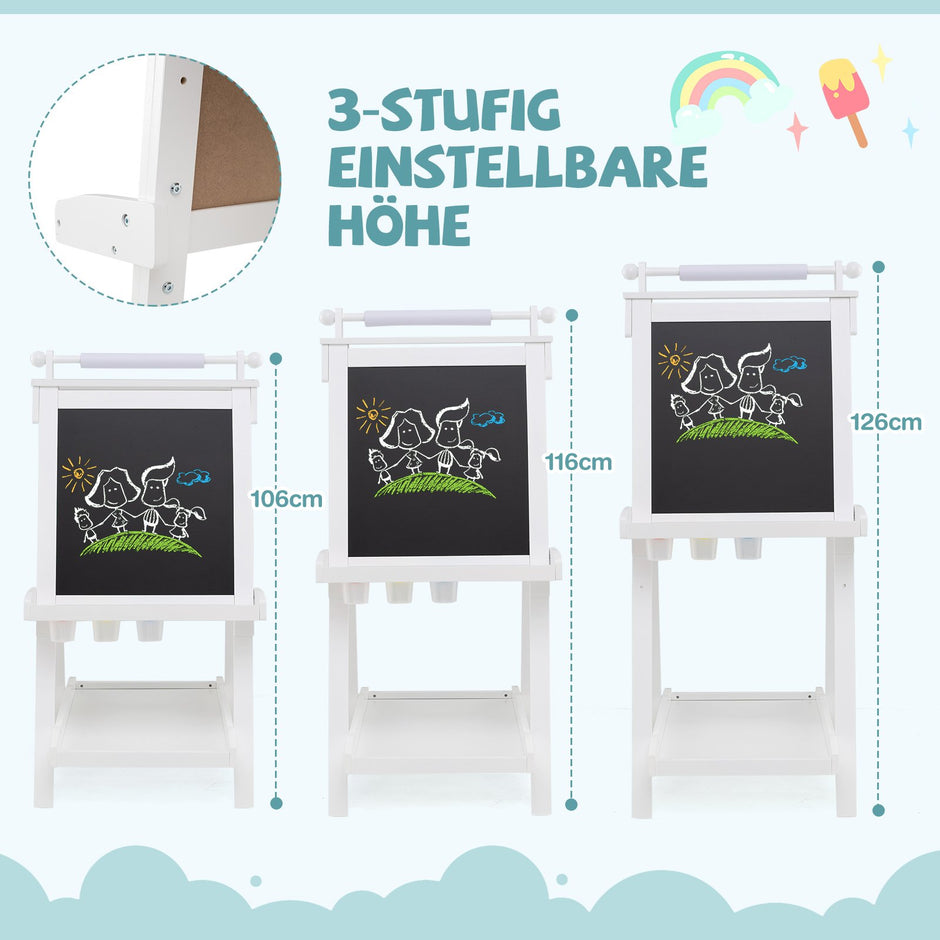 Barn – H höjdjusterbar tavla med whiteboard och magnetisk Fällbar staffli – Vit