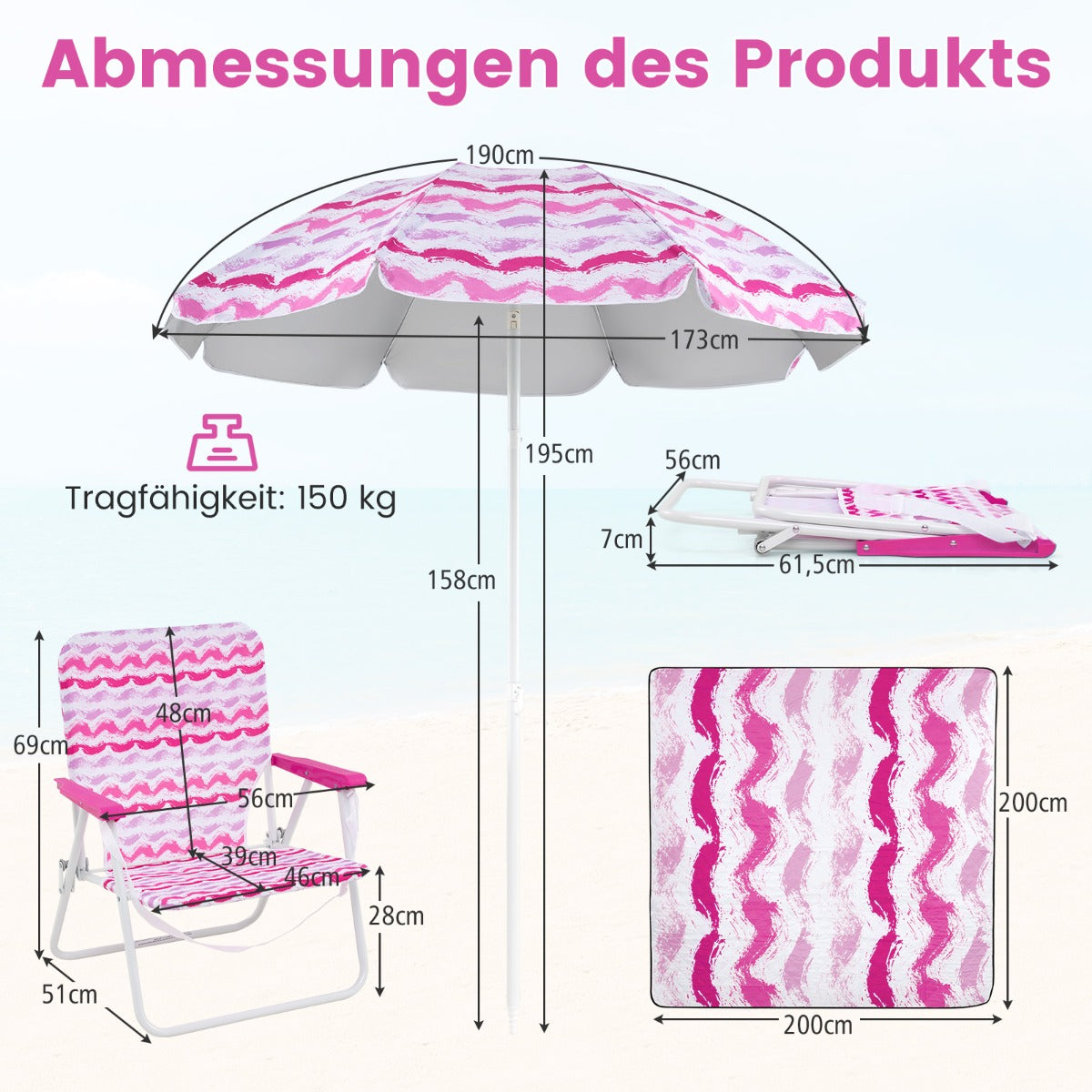pack – strandstolar med parasoll och strandfilt bärväska hopfällbara – 2 2 – Rosa