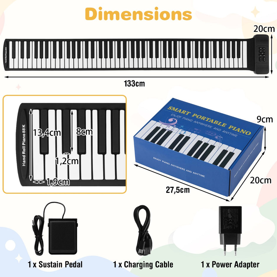 tangenter – Roll Up Piano hopfällbart med rytmer, toner och demos + vitt – 88 128 128 14 – Svart och vit