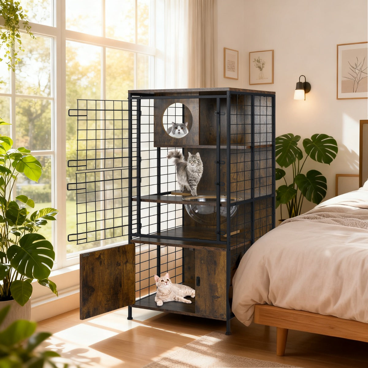 Modern – kattbur, flervånings kattstall med metallram, kattmatskål, hål – Brun