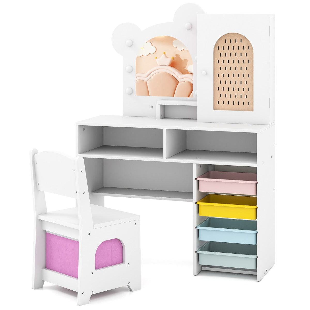 Barnsminkbord – med belysning Prinsessansminkbord och stolsset lådor fack Vitt – 5 2 – Vit