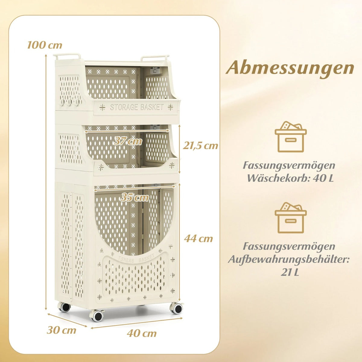 stegs – tvättvagn, hopfällbar tvättkorg med låsbara hjul, korgar, krokar – 4 2 6 – Beige