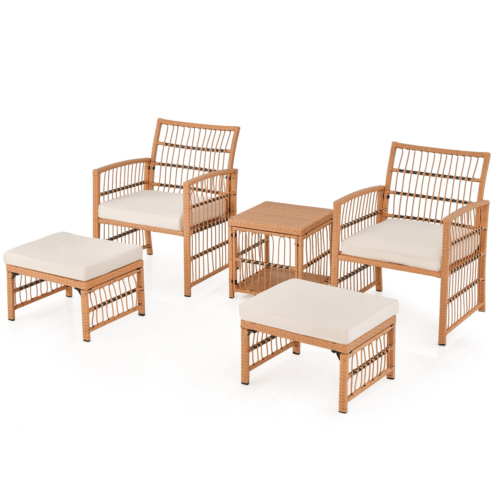 delat – Rattan Trädgårdsmöbel Set Balkongmöbler med fåtöljer puffar och vånings kaffebord Loungeset – 5 2 2 2 – Natur