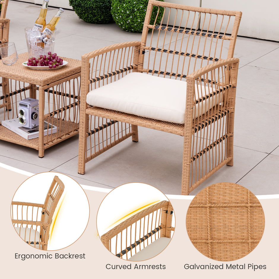 delat – Rattan Trädgårdsmöbel Set Balkongmöbler med fåtöljer puffar och vånings kaffebord Loungeset – 5 2 2 2 – Natur
