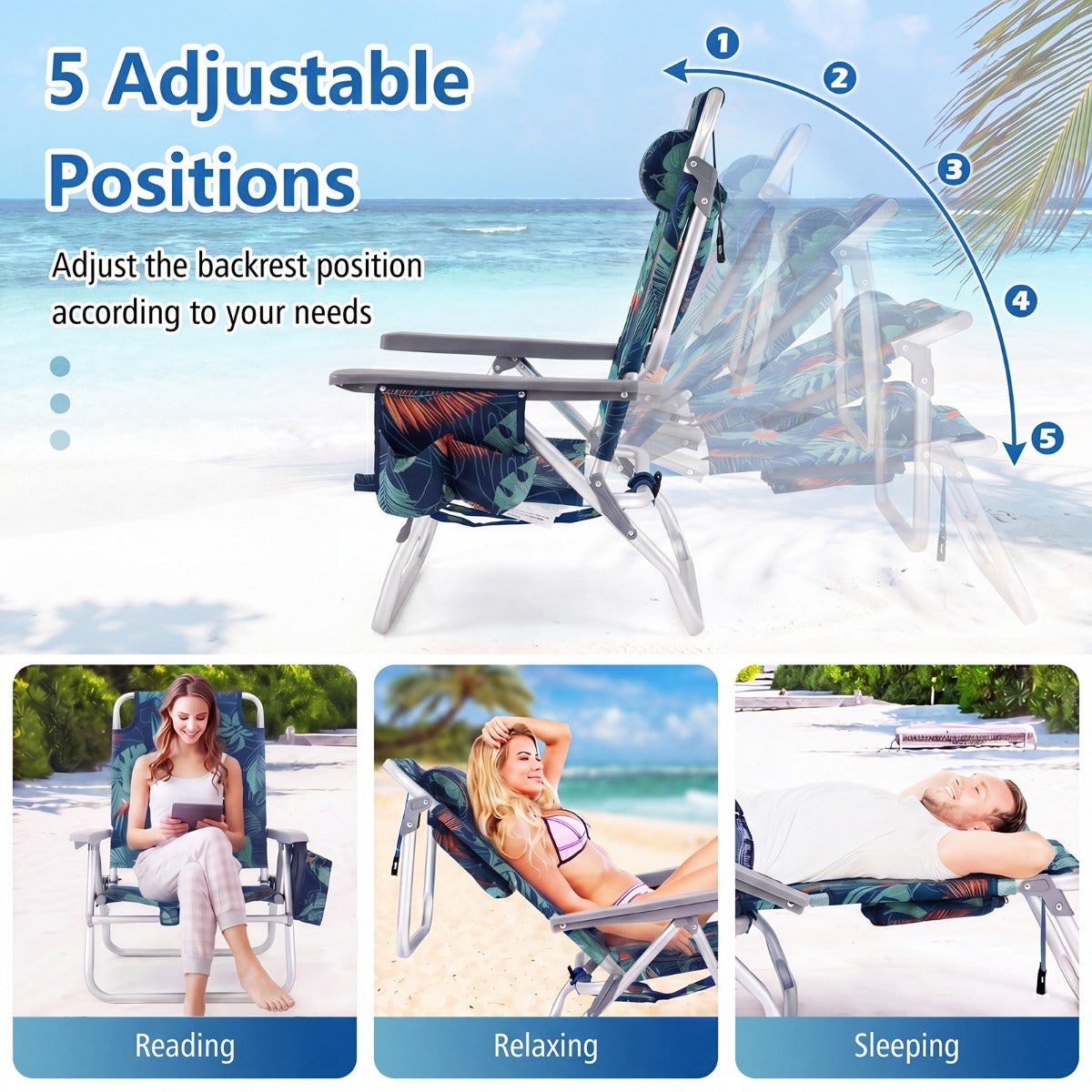 Set – Strandstolar Med Bord Vikbara Campingstolar Justerbart Ryggstöd och Gräs – 2 – Blommor