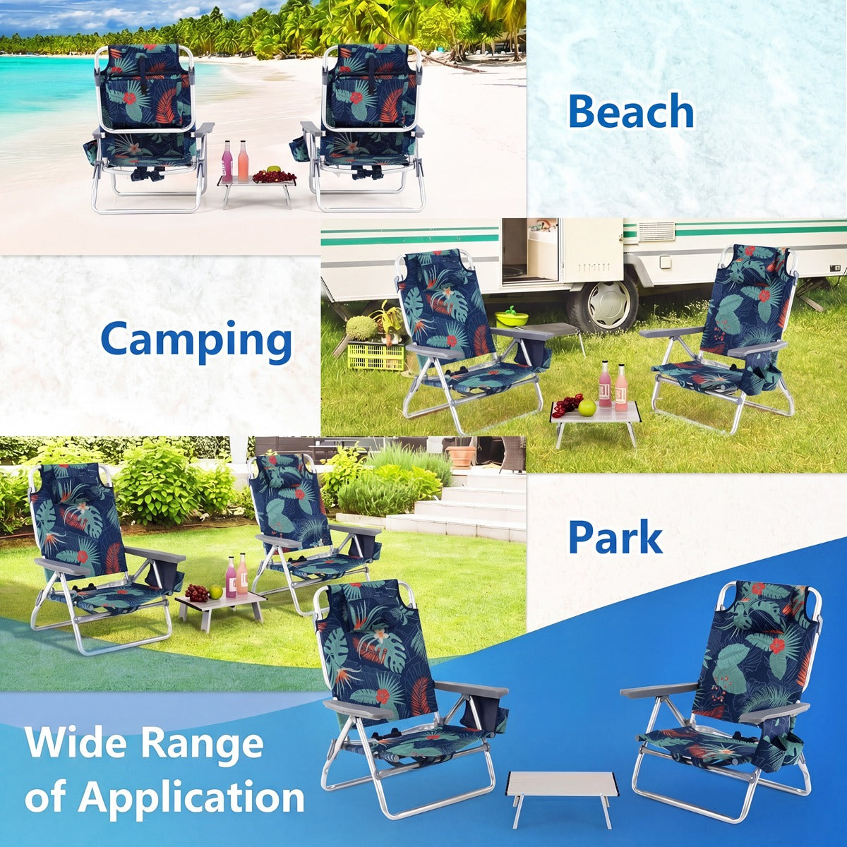 Set – Strandstolar Med Bord Vikbara Campingstolar Justerbart Ryggstöd och Gräs – 2 – Blommor