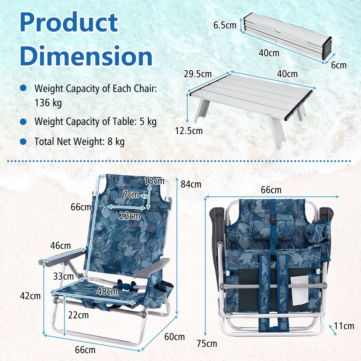 Set – Strandstolar Med Bord Vikbara Campingstolar Justerbart Ryggstöd – 2 – Marinblå