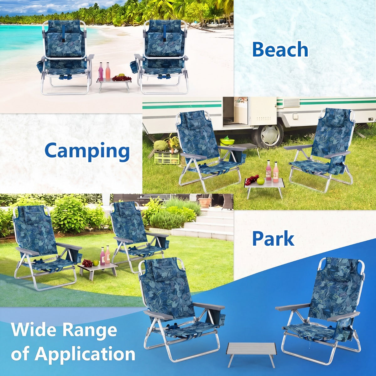 Set – Strandstolar Med Bord Vikbara Campingstolar Justerbart Ryggstöd – 2 – Marinblå