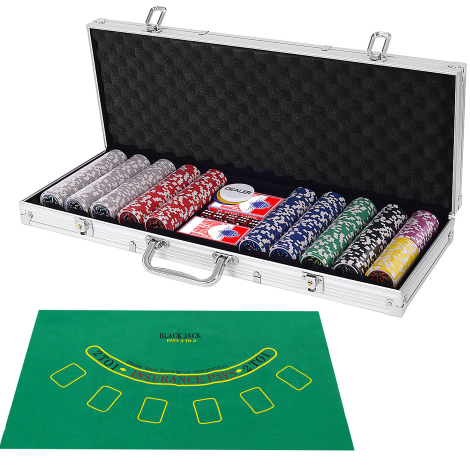 delade – Casino Poker Set med marker och spelkort tärningar dealer bordsduk – 500 – Silver