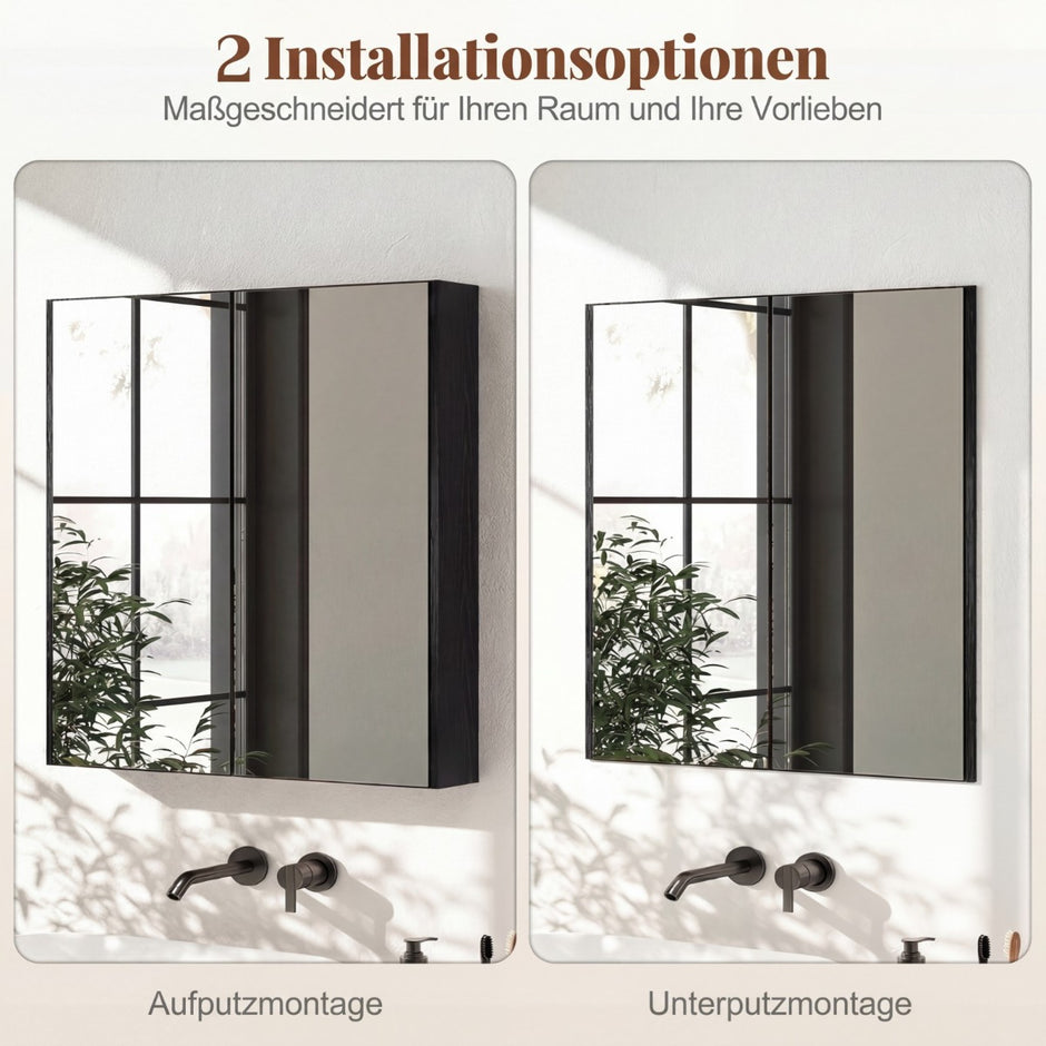 Hängande – badrumsskåp med spegeldörrar och hyllor i trä för entré – 62 x 11 x 65 cm – Svart