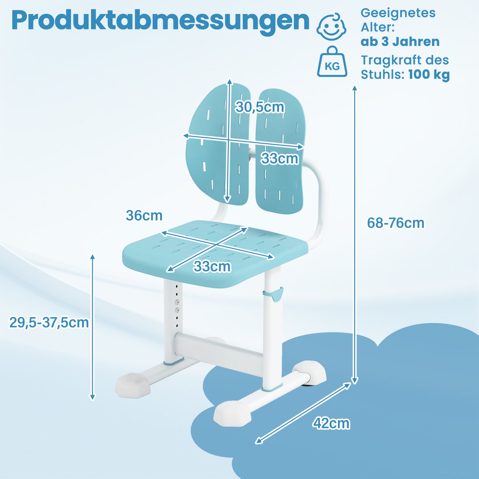 Höj – och sänkbar barnstol skrivbordsstol studie med dubbel ryggstöd – Blå