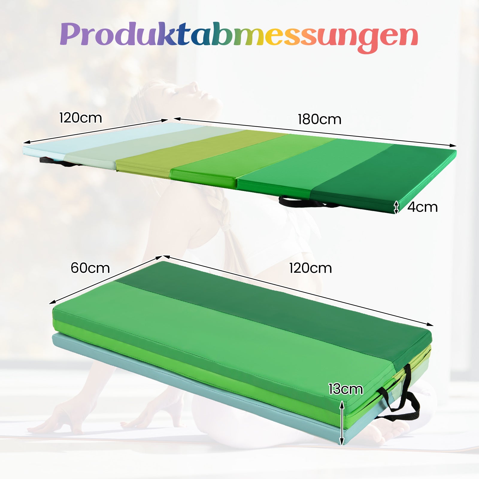 Vikbar – tumblingmatta Mjuk golvmatta Gymnastikmatta faldig i PU med bärhandtag – 180 x 120 cm 3 – Grön