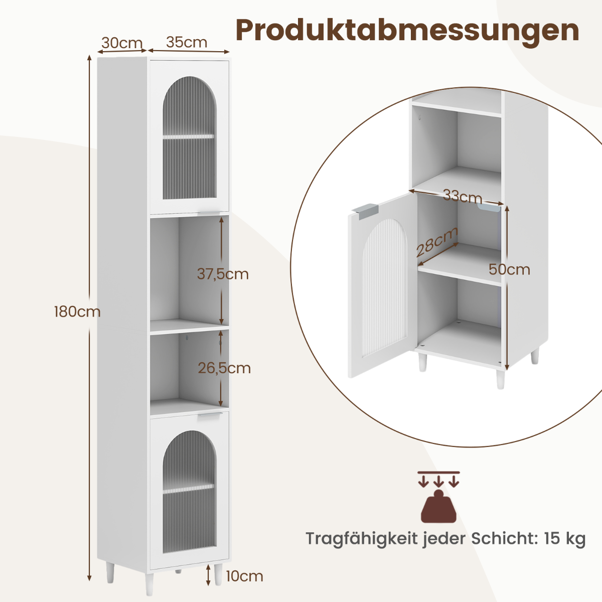 Hög – badrumsskåp smal hemorganisatör med två räfflade glasdörrar fristående – Vit