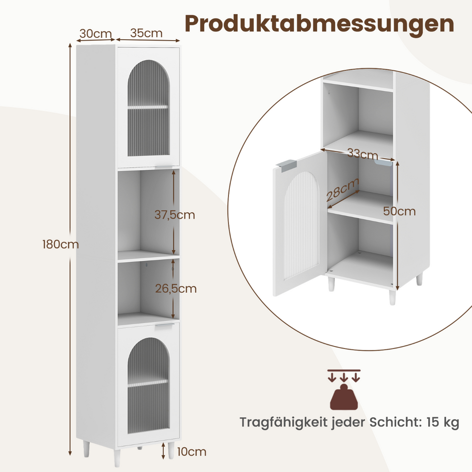 Hög – badrumsskåp smal hemorganisatör med två räfflade glasdörrar fristående – Vit