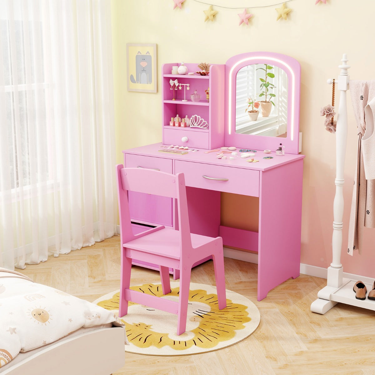 Barn – Sminkbord med Belysning Spegel Frisörbord – Rosa