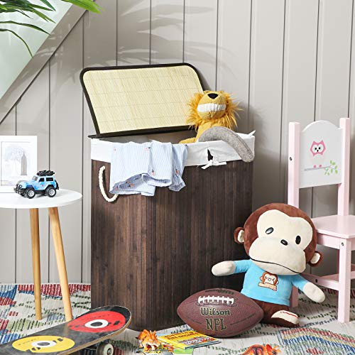 Tvättkorg – Bambu tvättsorterare med lock och avtagbar påse – Brun