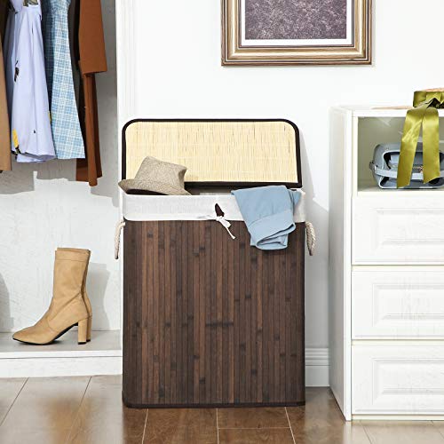 Tvättkorg – Bambu tvättsorterare med lock och avtagbar påse – Brun