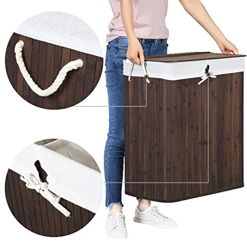 Tvättkorg – Bambu tvättsorterare med lock och avtagbar påse – Brun