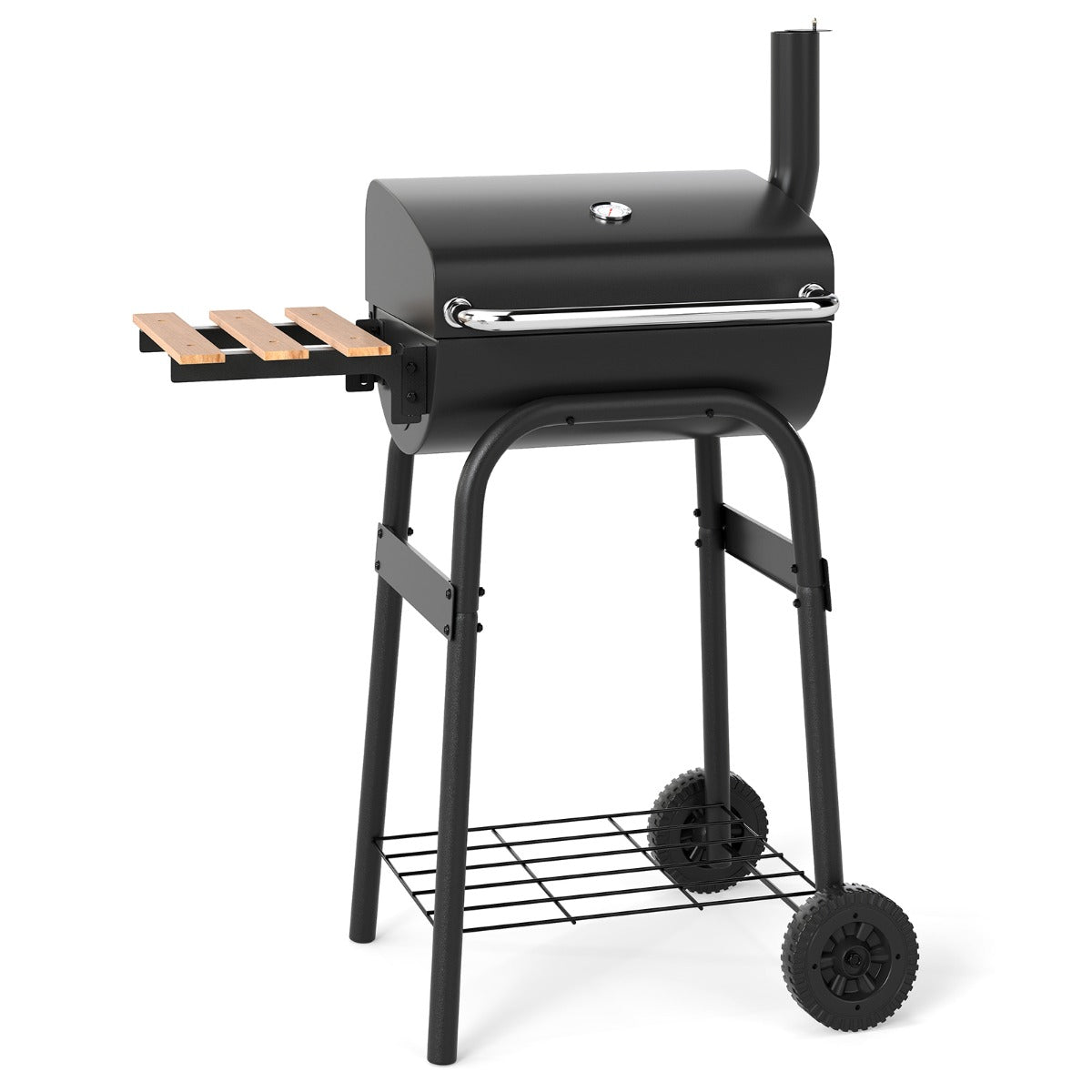 Träkolgrill – med Klappbar Sidobord och Termostat Grillvagn Utomhus BBQ – Svart