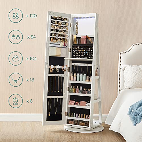 Smyckesskåp - Med spegel och LED-belysning - Vit med ådring