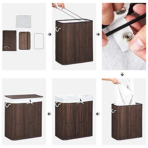 Tvättkorg – Bambu tvättsorterare med lock och avtagbar påse – Brun