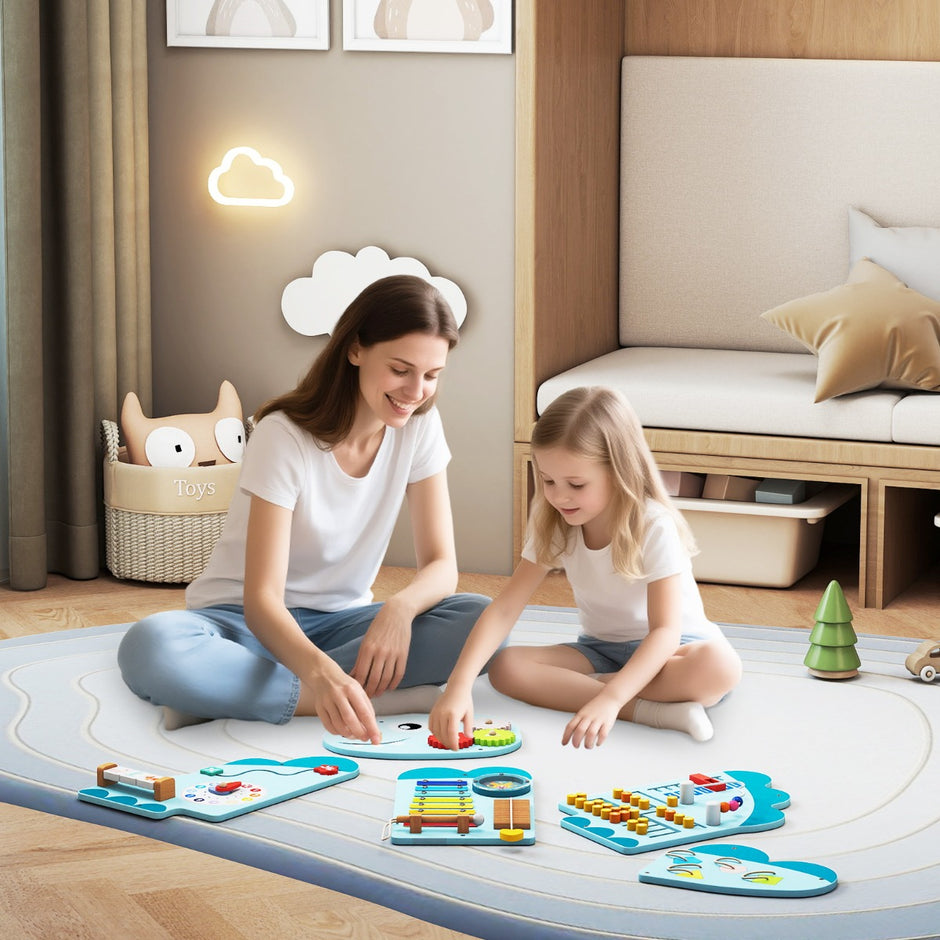 Dinosaurie – Aktivitetsvägg för Småbarn i Montessori Trä Sensorik Väggleksak – 11 1 – Blå
