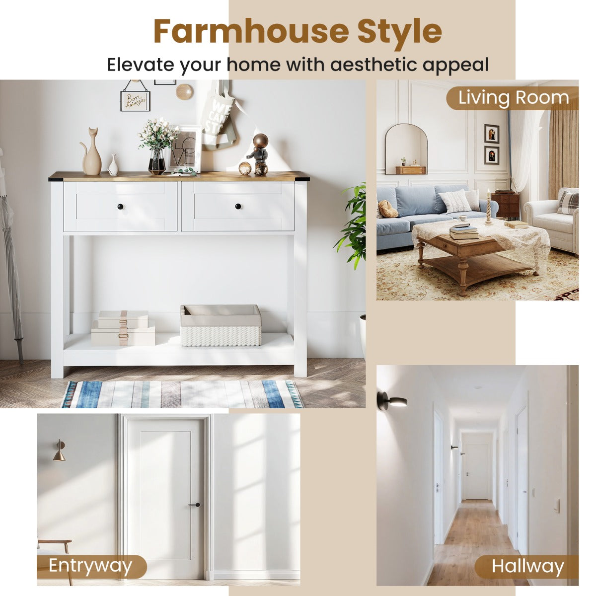 Konsolbord – med lådor och hylla Smalt sidobord Modern entrébord Vitt – 2 – Vit