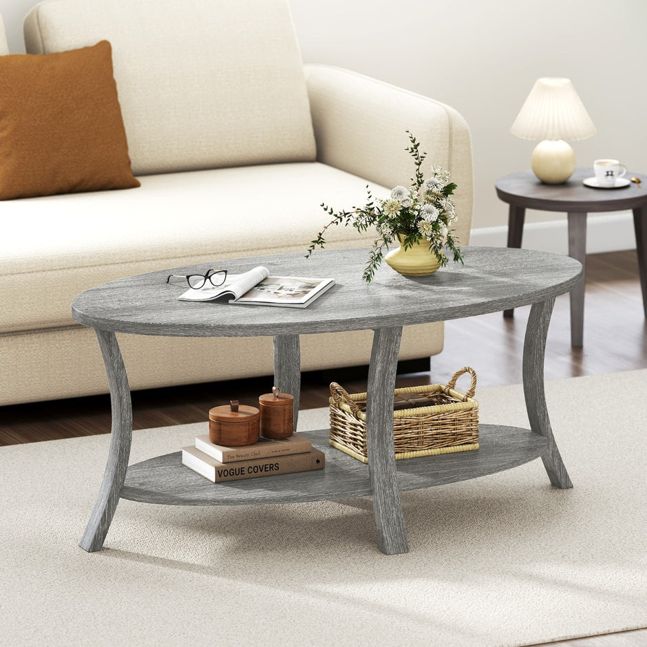 Oval – soffbord med hylla Vardagsrumsbord våningars sidobord Kaffebord – 2 – Grå