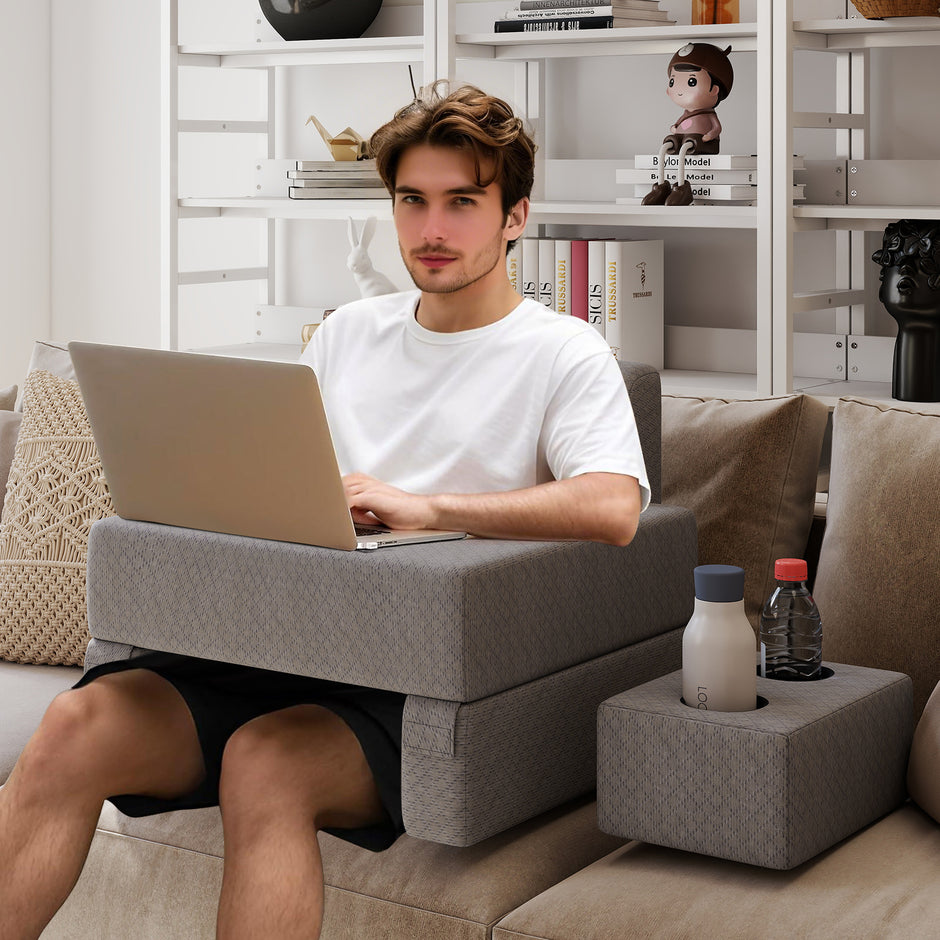 Läskuddar – för säng och soffa, bokkuddar med dryckeshållare, ergonomiskt ryggstöd i grått – Grå