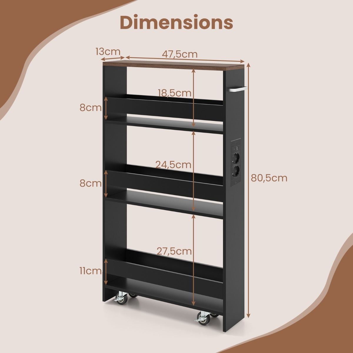 Smal – förvaringsvagn med laddningsstation stegs rullbar köksvagn handtag + vintagebrun – 4 13 cm – Brun + svart