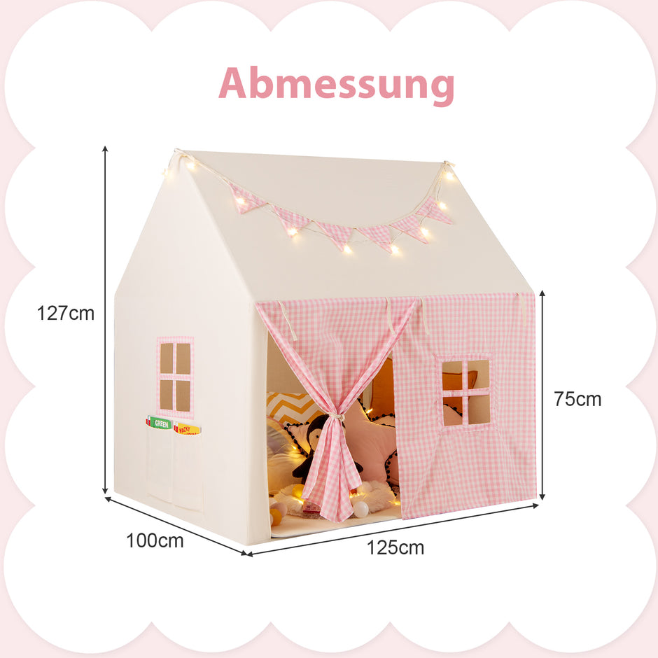 Barntält – med matta och lampor flaggbanner fönster Barnlekhus Lektält – Rosa