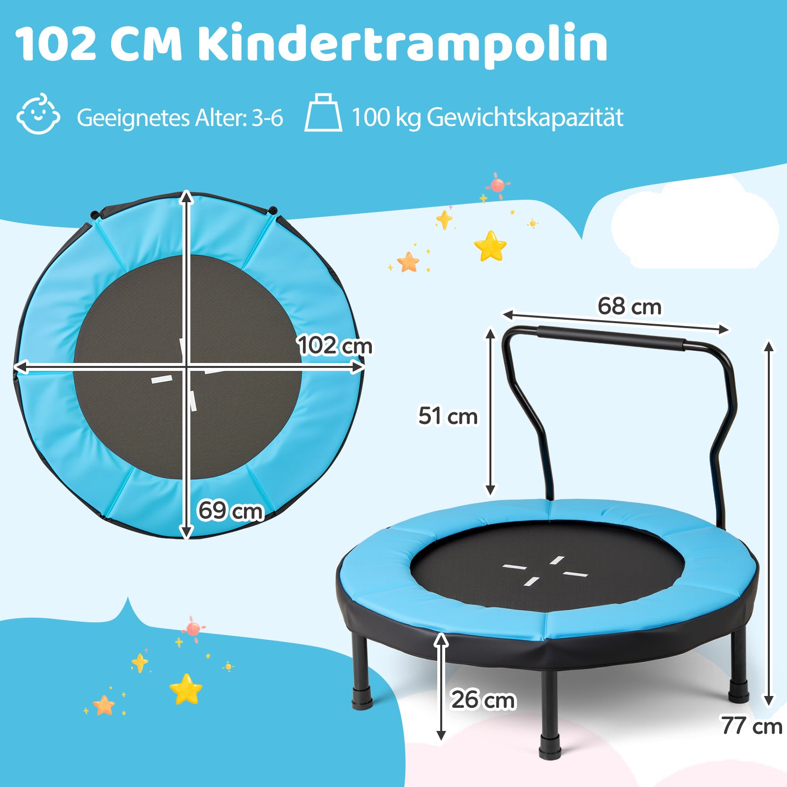 Barntrampolin – med avtagbart handtag Minitrampolin upp till belastning – 100 kg Ø 102 cm – Blå