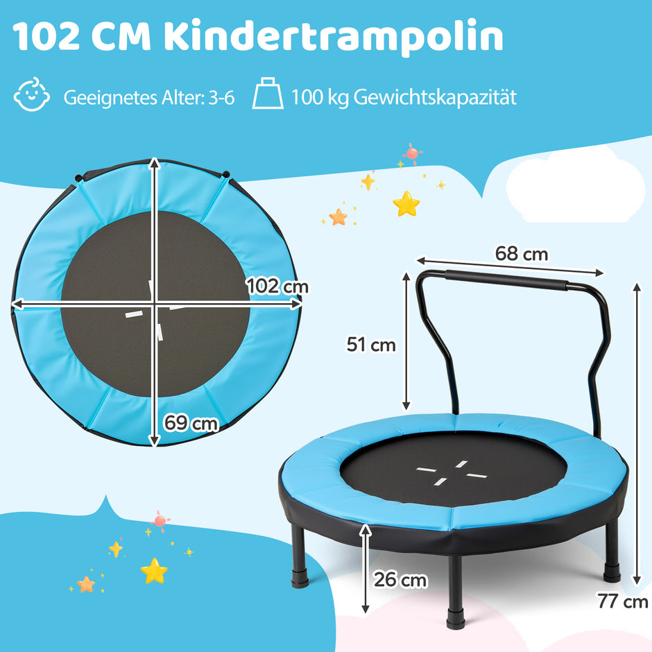 Barntrampolin – med avtagbart handtag Minitrampolin upp till belastning – 100 kg Ø 102 cm – Blå