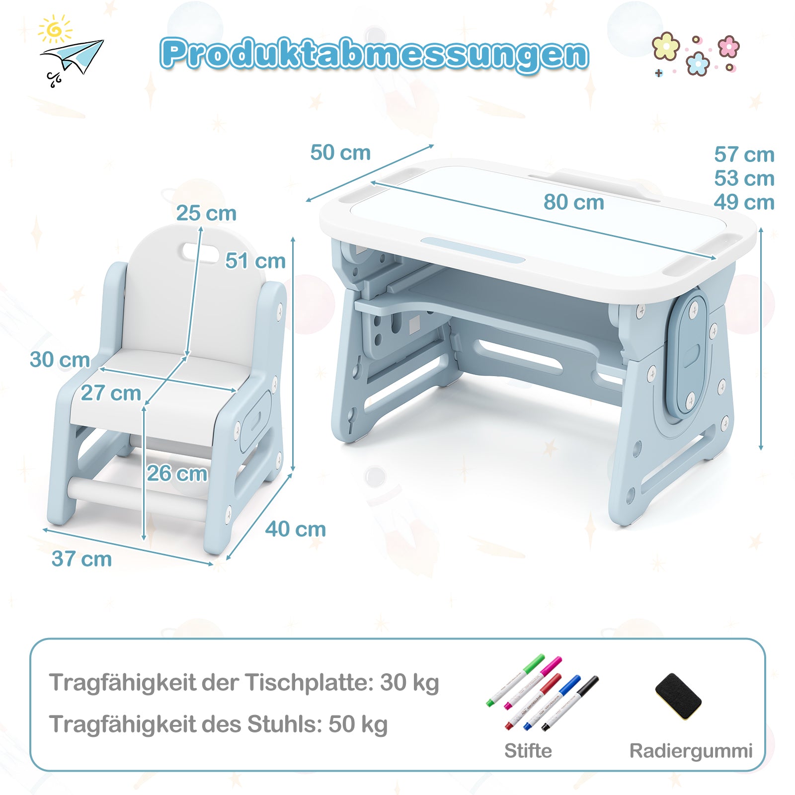 Barnbord – med stol och Nejbart whiteboard Höjdjusterbar – Blå