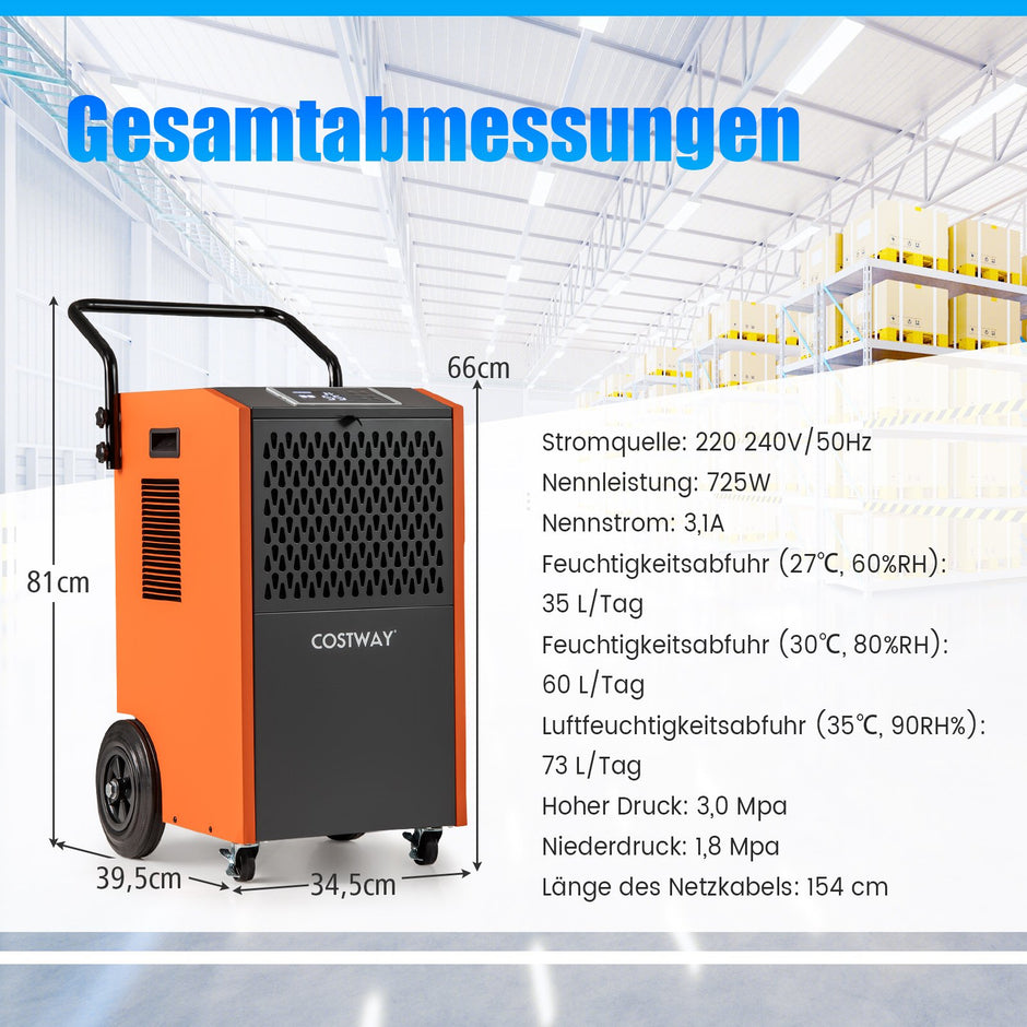 L/dag – Kommersiell avfuktare Industriell byggtork med avloppsslang och 24H timer – 73 – Orange