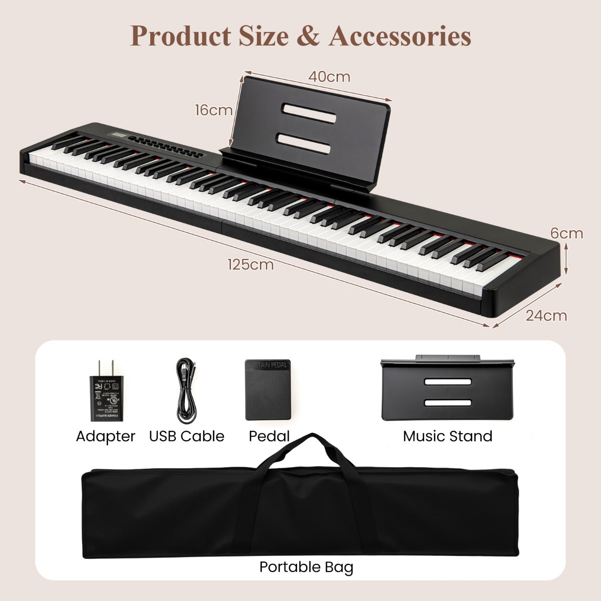 tangenter – digitalt piano bärbart fullformat elektriskt keyboard – 88 – Svart
