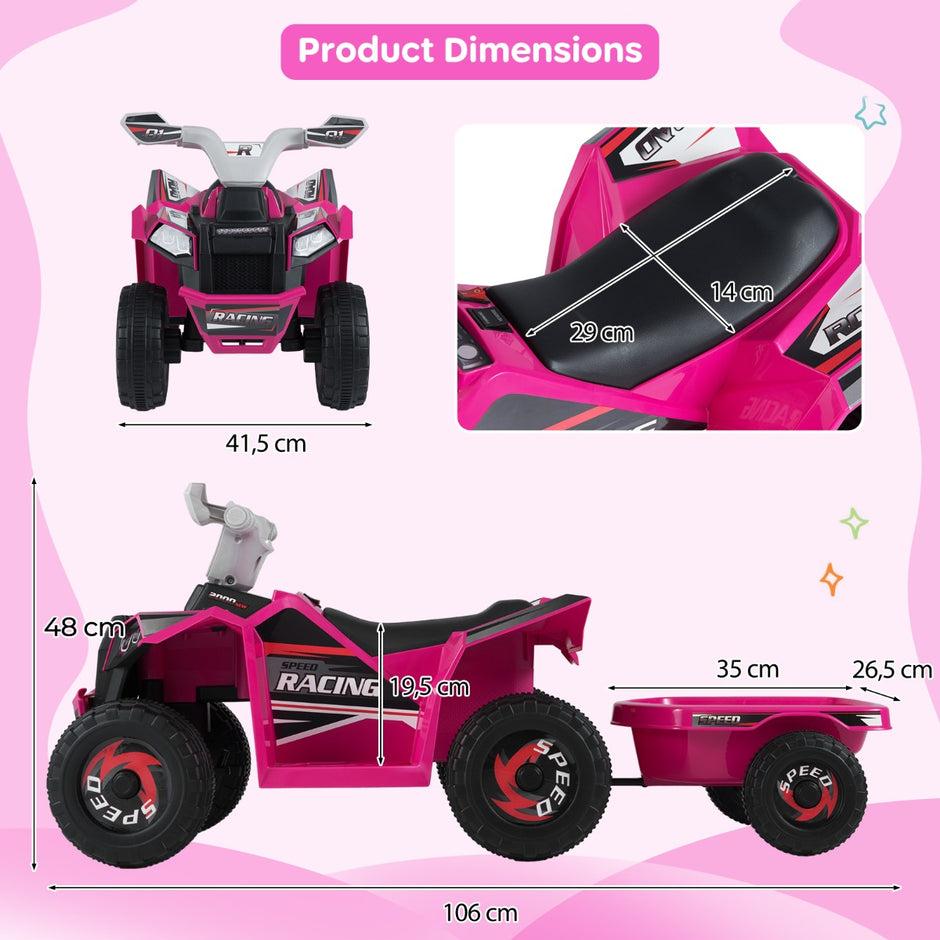 6V – Elektrisk ATV för barn med släpvagn Elfordon slitstarka hjul – Rosa