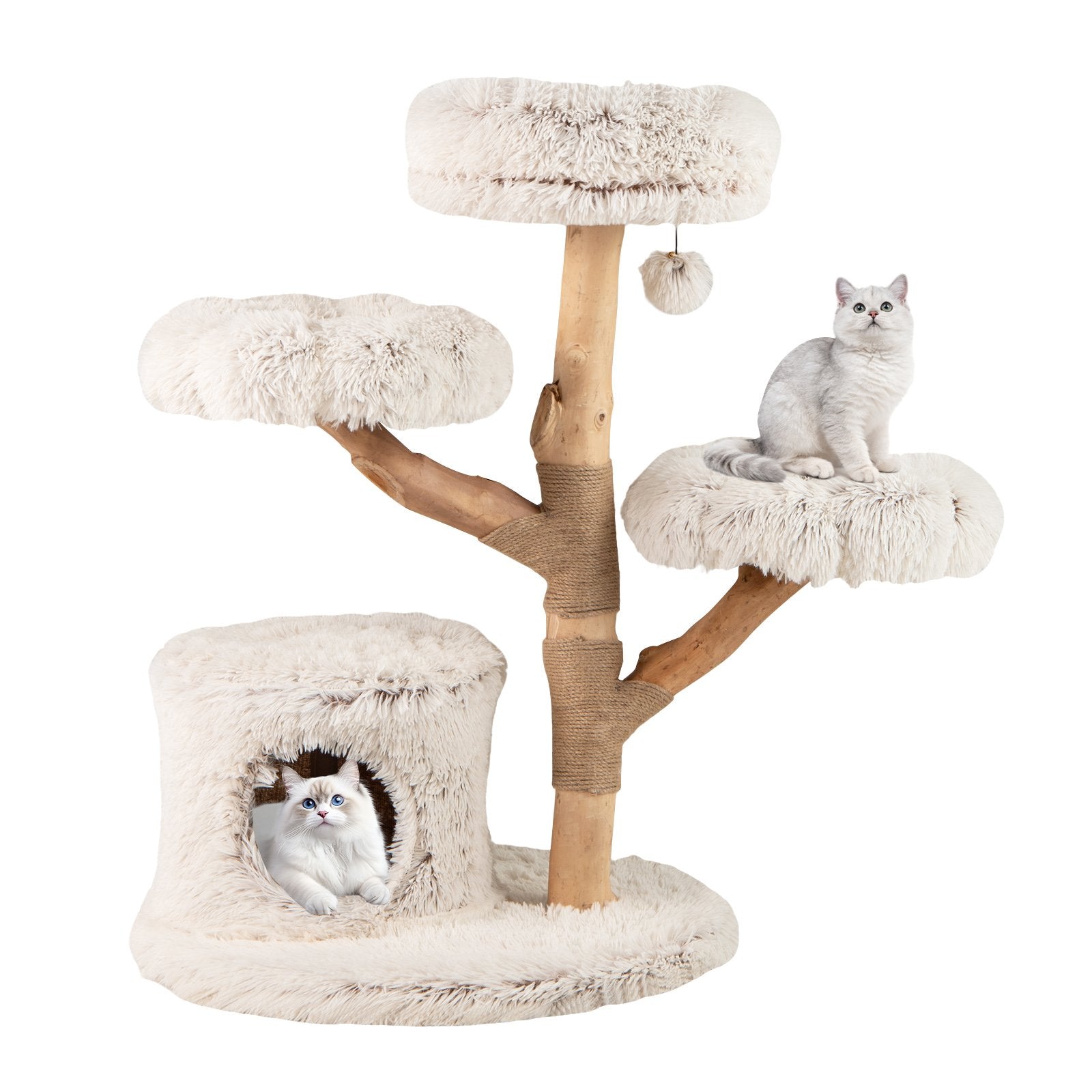 Hög – Modern Klösträd med Äkta Trästam och Hängande Boll Klättertorn för Katter – 102 cm – Vit