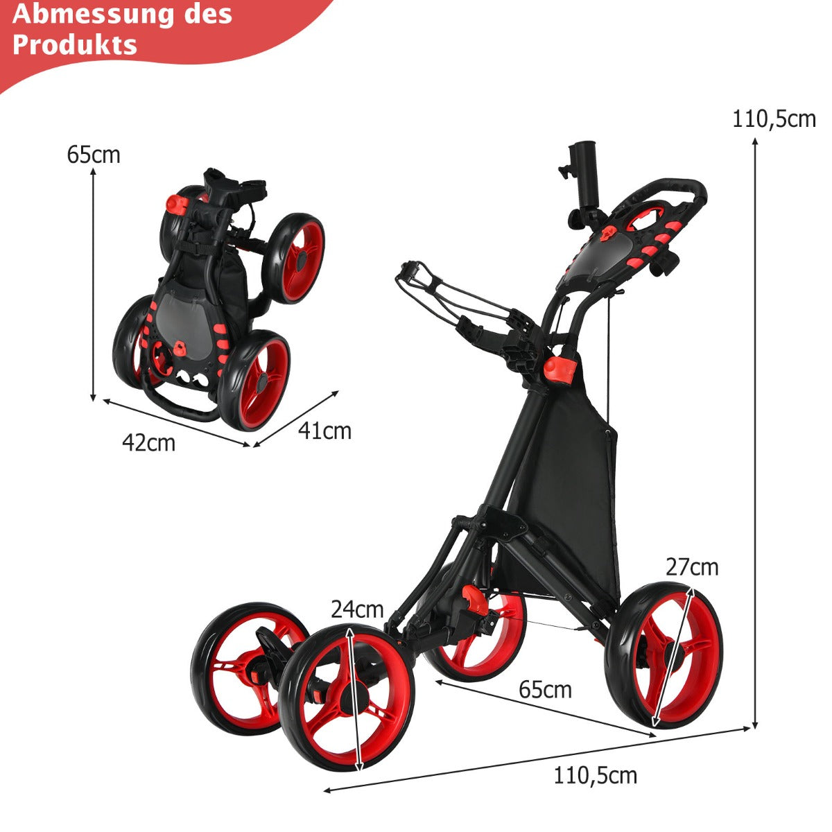 Golfvagn – hjulig Golftrolley Fällbar Golfcaddy Push Cart i Aluminium – 4 – Röd