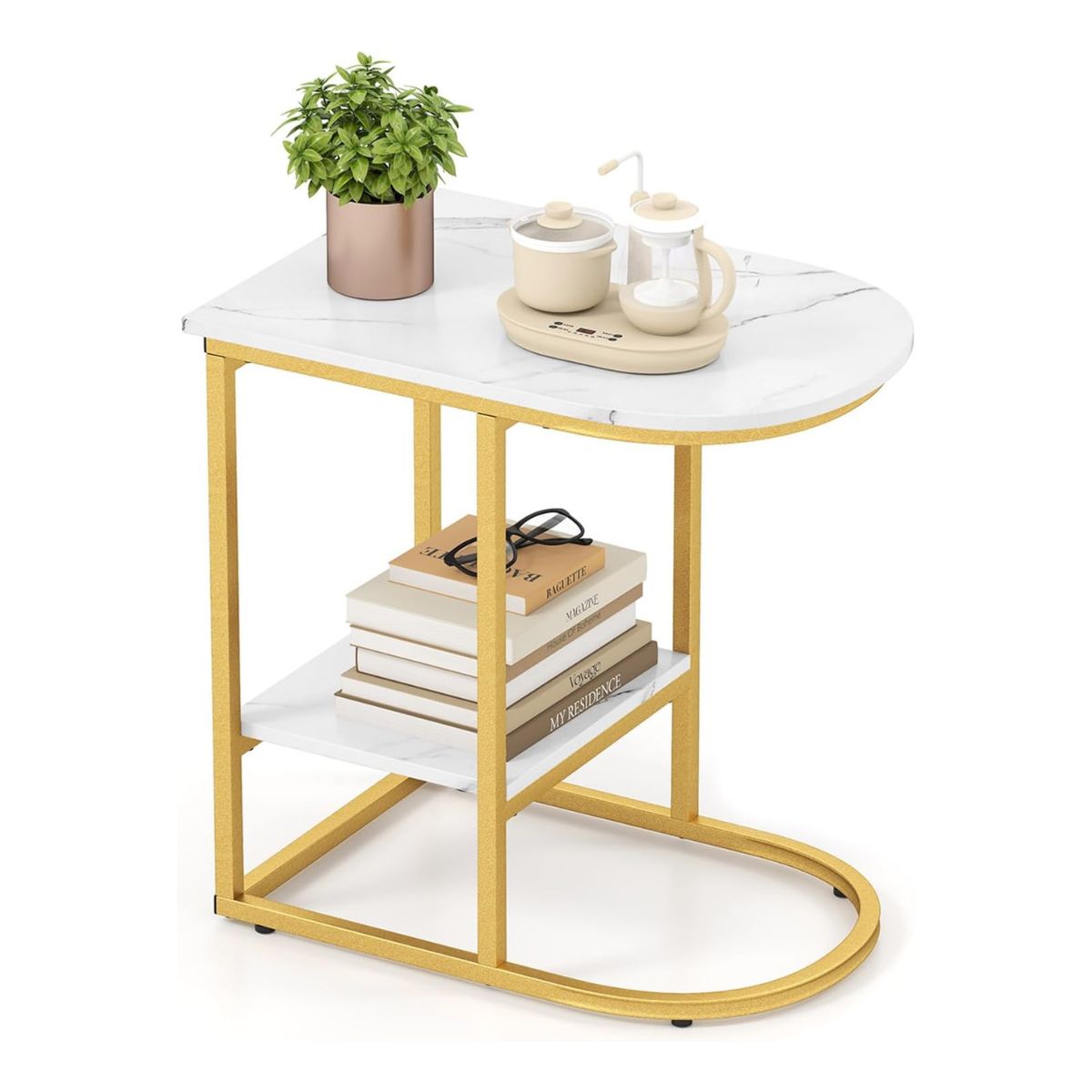 Sidobord – med marmorutseende vånings soffbord avlastningsyta C format kaffebord – 2 – Vit