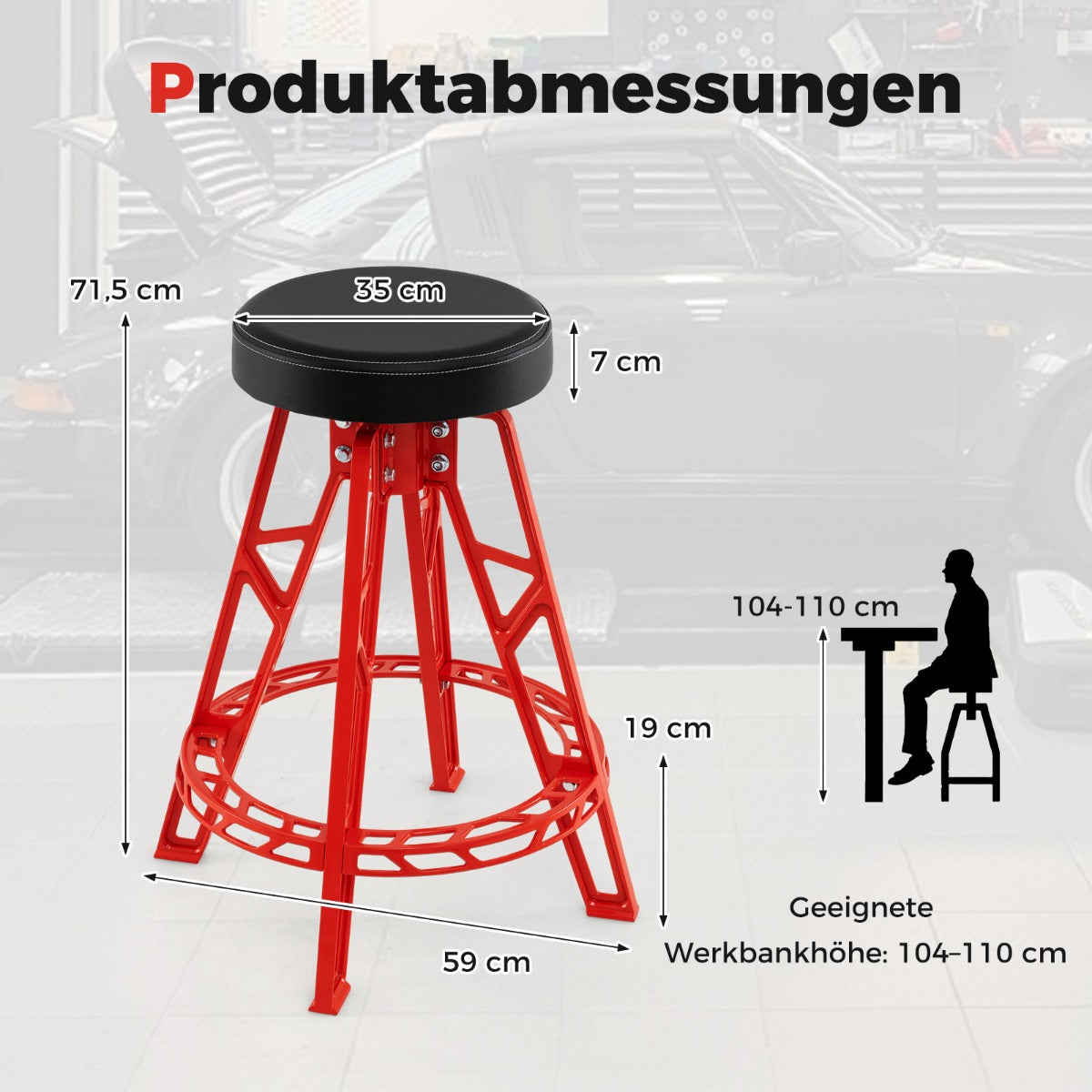 Hög – stol för mekaniker Tung garage med 360° vridbar sits – Röd