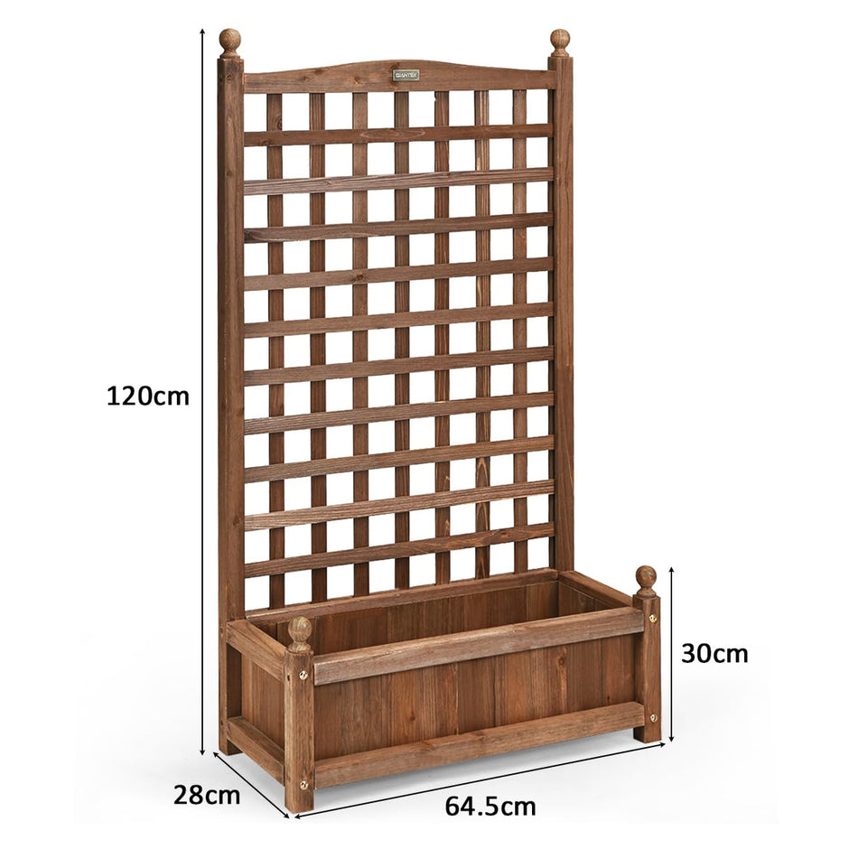 Blomlåda – med spaljé, planteringslåda i trä för klätterväxter, högbädd – 64,5 x 28 x 120 cm – Brun
