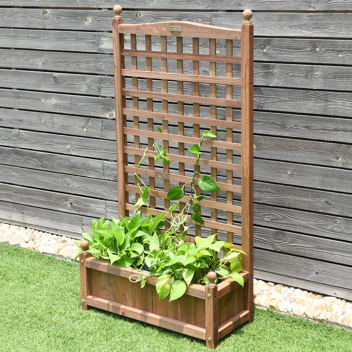 Blomlåda – med spaljé, planteringslåda i trä för klätterväxter, högbädd – 64,5 x 28 x 120 cm – Brun