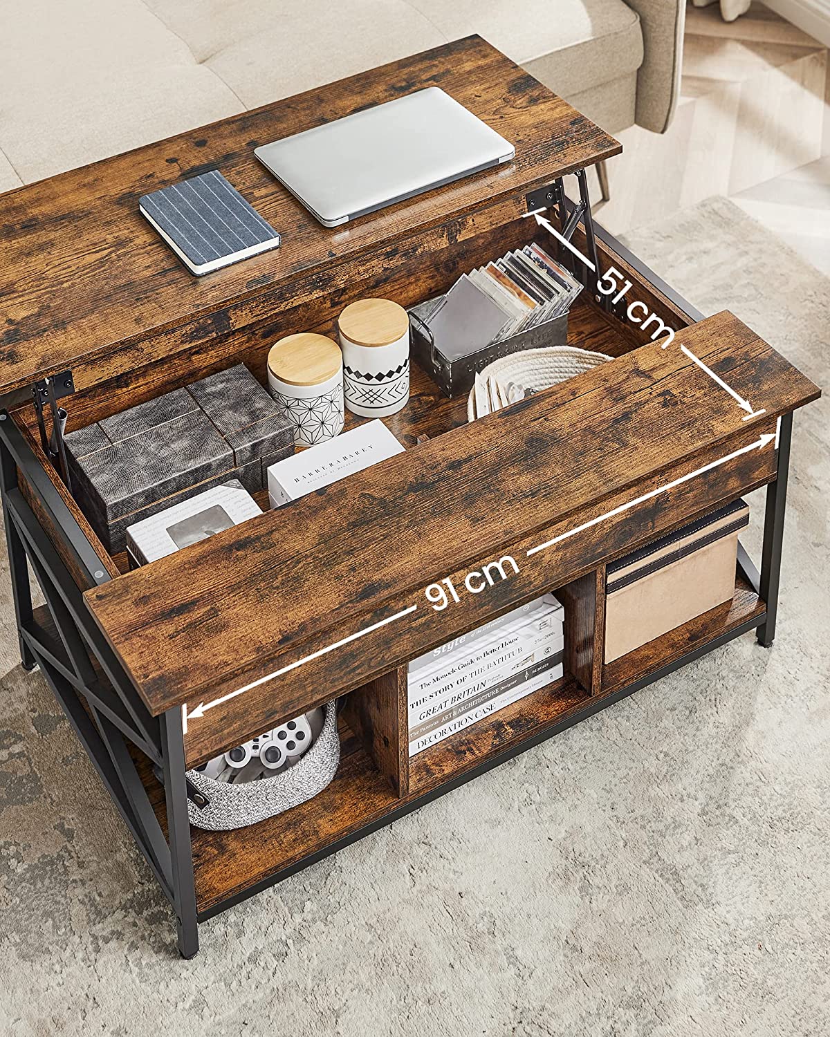 Soffbord - vardagsrumsbord - med doldt förvaringsutrymme - vintage brun -svart