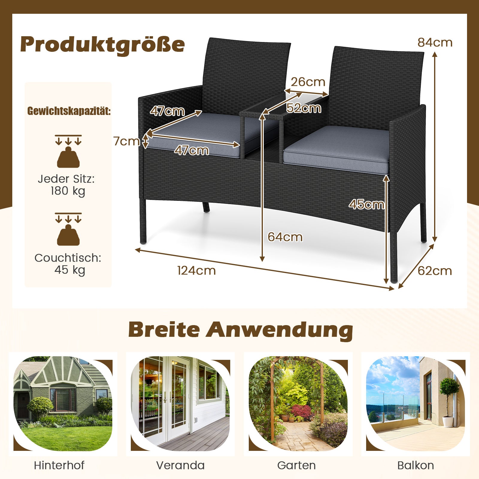 Trädgårdsbänk – med bord sits Polyrattan sittbänk sittgrupp trädgårdsmöbler terrassmöbler – 2 – Svart