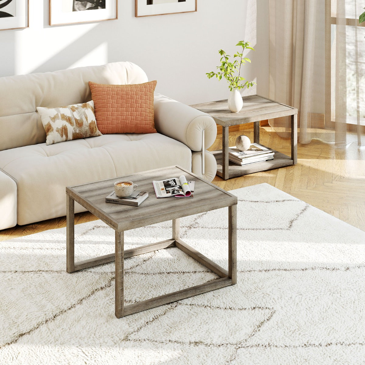 pack – rektangulära stapelbara soffbord med förvaringsyta, sidobord i lantlig stil – 2 – Grå