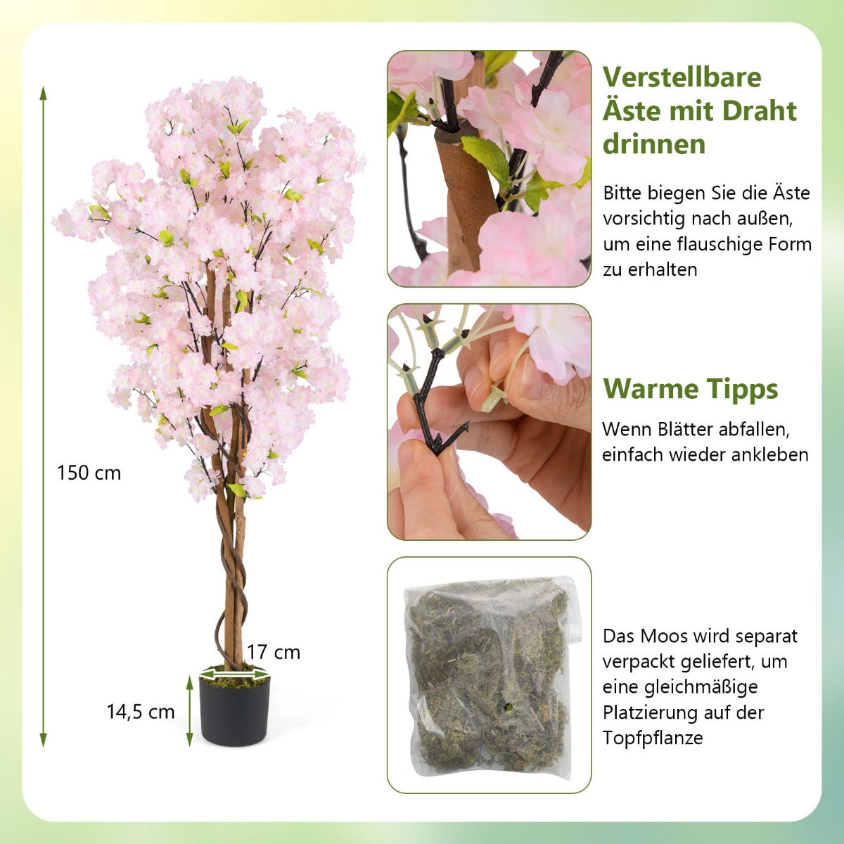 pack – konstträd med blommor konstväxt i kruka konstgjord körsbärsblomsträd – 2 150 cm – Rosa