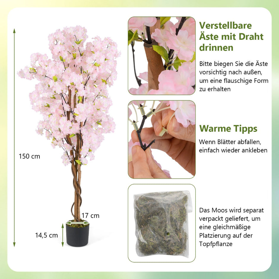 pack – konstträd med blommor konstväxt i kruka konstgjord körsbärsblomsträd – 2 150 cm – Rosa