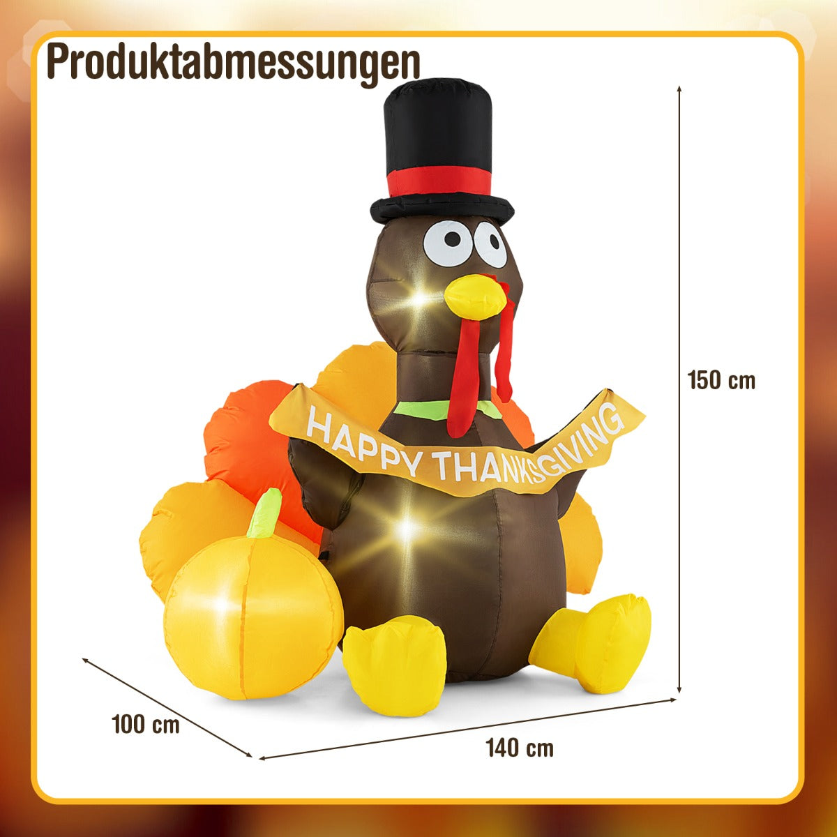 Uppblåsbar – kalkon med pumpa Thanksgiving dekoration LED lampor – 150 cm – Flerfärgad